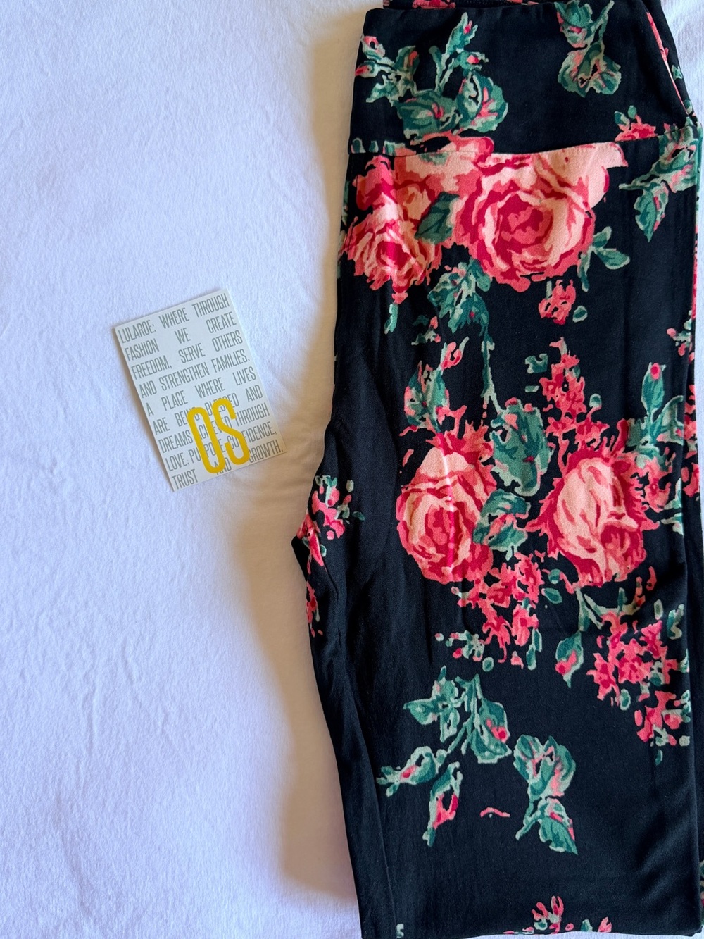LuLaRoe Black Leggings with Pink Rose and Green Leaf Print